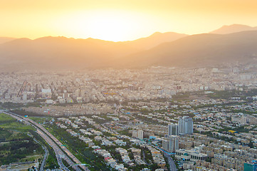 Image showing Tehran skyline at sunset, Iran