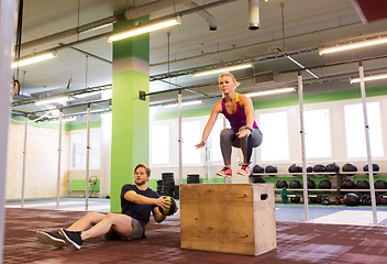 Image showing woman and man with medicine ball exercising in gym