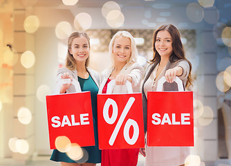 Image showing happy young women with shopping bags in mall