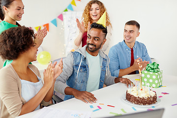 Image showing office team greeting colleague at birthday party