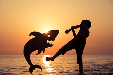 Image showing One happy little boy playing on the beach at the sunset time.