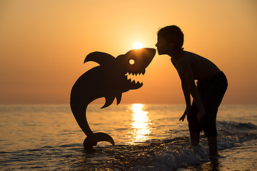 Image showing One happy little boy playing on the beach at the sunset time.