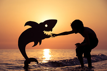 Image showing One happy little boy playing on the beach at the sunset time.