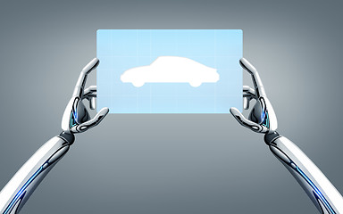 Image showing robot hands with concept car on tablet pc screen