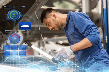 Image showing mechanic man with lamp repairing car at workshop