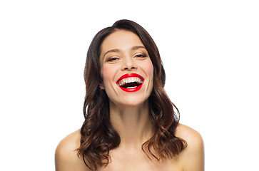 Image showing beautiful laughing young woman with red lipstick