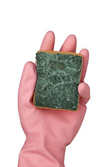 Image showing Hand in rubber glove holding a grungy dish sponge