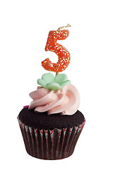 Image showing Mini cupcake with birthday candle for five year old