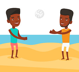 Image showing Two men playing beach volleyball.