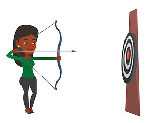 Image showing Archer aiming with bow and arrow at the target.