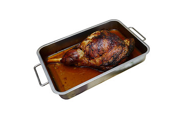 Image showing roast leg of lamb in a metal bowl 