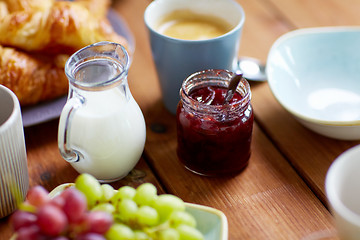 Image showing jar with jam on wooden table at breakfast