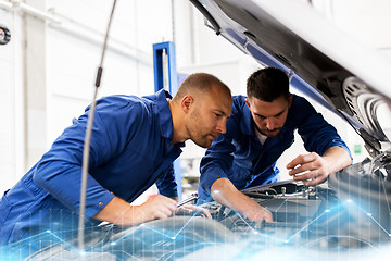 Image showing mechanic men with wrench repairing car at workshop