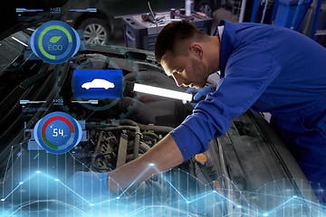 Image showing mechanic man with lamp repairing car at workshop