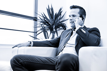 Image showing Low angle shot of a handsome young businessman in a stylish modern office space with large windows, talking on mobile phone.