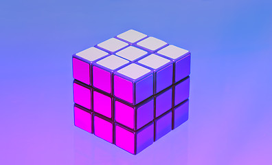 Image showing Rubik\'s Cube On A Lilac-blue Background. Moscow, 2018.