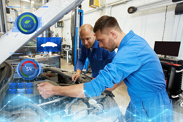 Image showing mechanic men with wrench repairing car at workshop