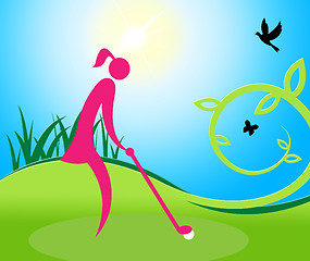 Image showing Woman Teeing Off Means Golf Course And Golfer