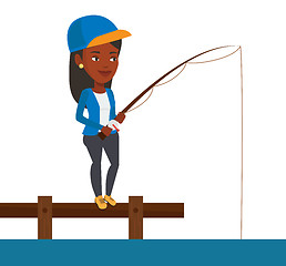 Image showing Woman fishing on jetty vector illustration.