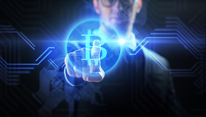 Image showing close up of businessman with bitcoin hologram