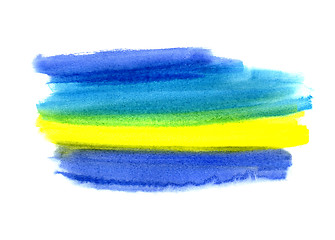 Image showing Bright blue and yellow watercolor blot on white background