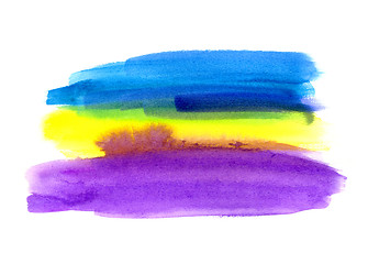 Image showing Blue, lilac and yellow watercolor blot on white background