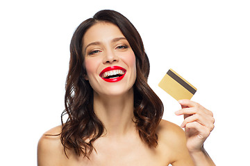 Image showing beautiful woman with red lipstick and credit card