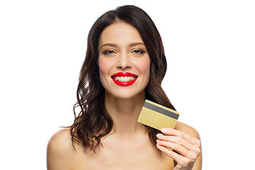 Image showing beautiful woman with red lipstick and credit card