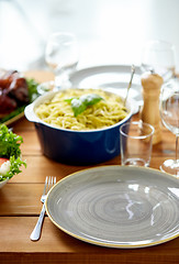 Image showing empty plate and fork on wooden table with food