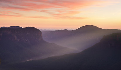 Image showing Blue Mountains and dawn red skies