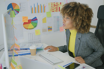 Image showing Concentrated woman watching computer in office