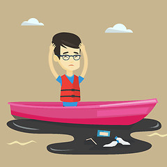 Image showing Man floating in a boat in polluted water.