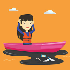 Image showing Woman floating in a boat in polluted water.