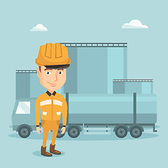 Image showing Worker on background of fuel truck and oil plant.