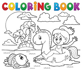 Image showing Coloring book girl floating on unicorn 2