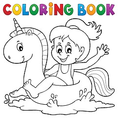 Image showing Coloring book girl floating on unicorn 1