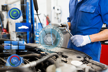 Image showing mechanic man with wrench repairing car at workshop