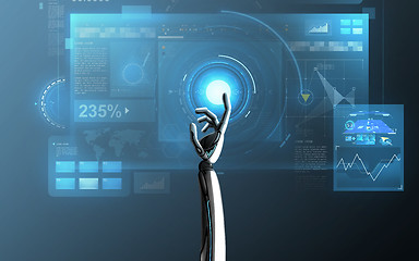 Image showing robot hand touching virtual screen over blue