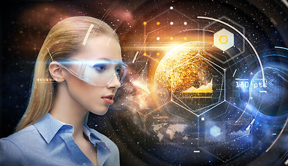 Image showing woman in virtual reality glasses over space