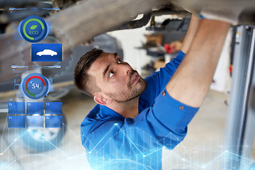 Image showing mechanic man or smith repairing car at workshop