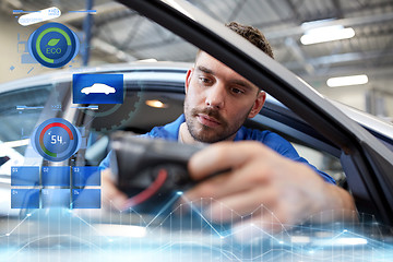 Image showing mechanic man with diagnostic scanner at car shop