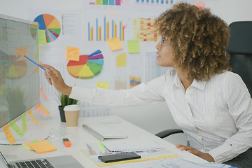 Image showing Young businesswoman exploring charts on computer