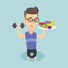 Image showing Healthy man with fruits and dumbbell.