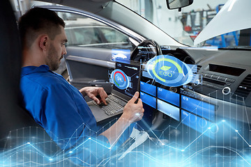 Image showing mechanic man with laptop making car diagnostic