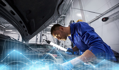 Image showing mechanic man with lamp repairing car at workshop