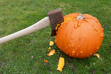 Image showing Long-handled axe cuts roughly into a pumpkin