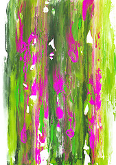 Image showing Long streaks of green and pink paint on white paper 