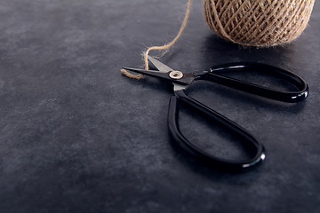 Image showing Old-fashioned scissors cutting piece of garden twine