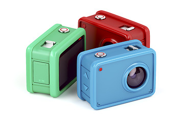 Image showing Three action cameras on white