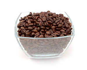 Image showing Square glass bowl full of roasted coffee beans